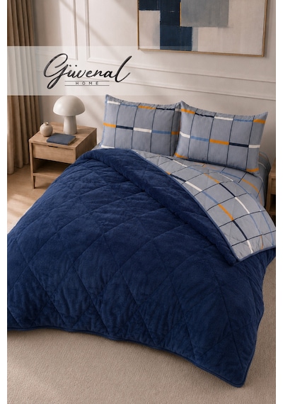 Güvenal Fiore Wellsoft Çift Taraflı Çift Kişilik Yastık Kılıflı Lastikli Çarşaflı Uyku Seti Yatak Örtüsü Yorgan Lastikli Çarşaf Yastık Kılıfı Çeyiz Uyku Lacivert