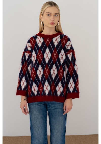 Noa & Noa Kadın Oversize Sardonlu Tiftik Kazak Yumoş Dokulu & Desenli Bordo