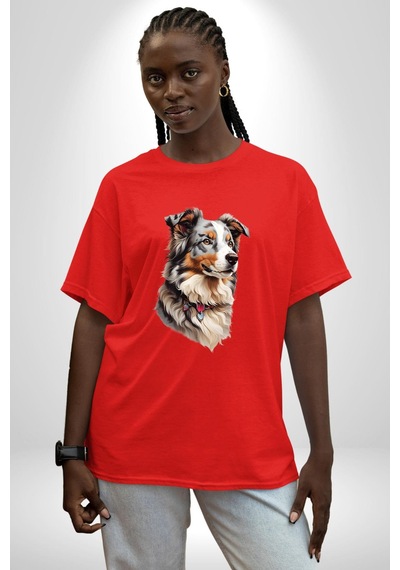 Australian Shepherd Köpek Pamuklu Bisiklet Yaka Unisex Oversize Boyfriend Dijital Baskılı Kırmızı T-shirt Kırmızı
