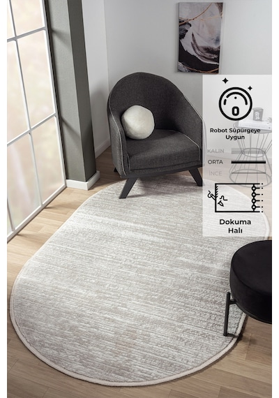 Konfor Halı Konfor Jasmine 1452 Oval Krem Bej Modern Dokuma Saçaklı Halı Mutfak Salon Oturma Odası Halısı