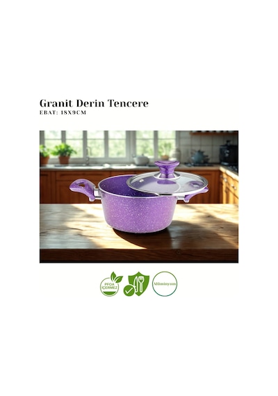 18 Cm Granit Derin Tencere Cam Kapak - Violet Violet