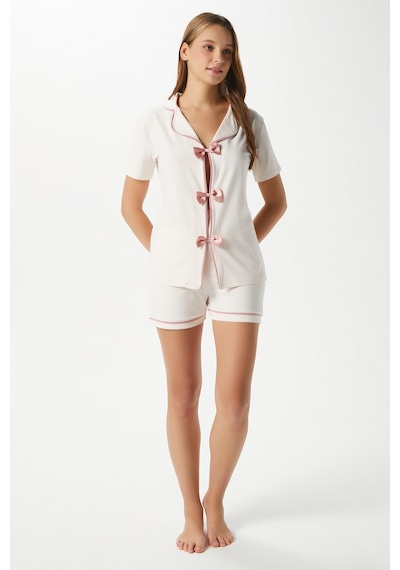 Ritnice Kadın Violet Ekru Şortlu Fiyonklu Alt Üst Pijama Takımı