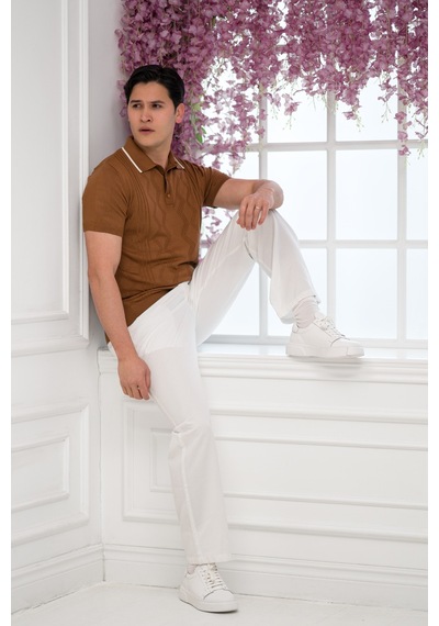 Advante Slimfit Kolları Lastikli Likralı Desenli Polo Yaka Triko T-shirt Taba