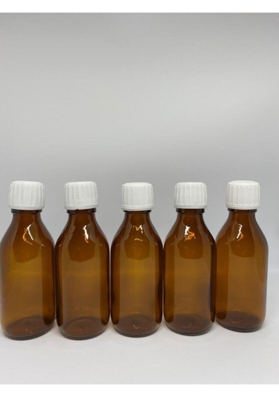 Amber Ecza Şişesi Kahverengi Beyaz Kapaklı Cam 100ml Şurup Şişesi 10 Adet Kahverengi