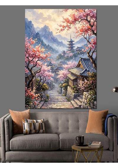 Sakura Dalları Arasında Japon Köyü Dekoratif Kanvas - Mdf Ahşap Tablo