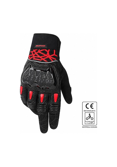 Ebakbak Motosiklet Eldiveni Full Koruma Ayarlanabilir Bilek Bantı Deri Microfiber Kumaş Motor Eldiven Red- Black