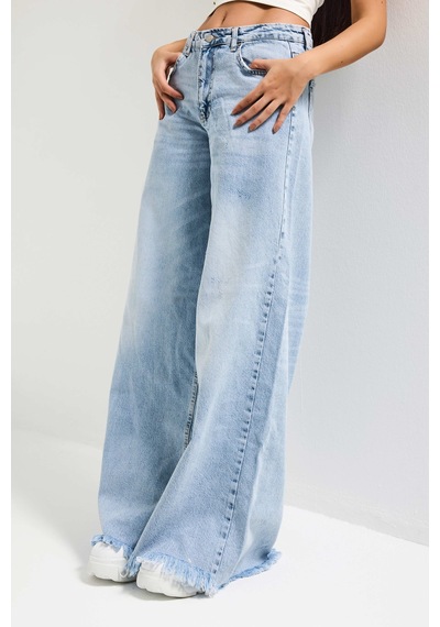 Itsbasic Kadın Ice 12s6-27 Palazzo Fit Bol Kesim %100 Koton Denim Jean Buz Mavi