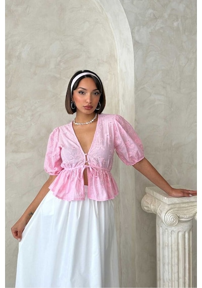 Verymoda Önden Bağlamalı Nakışlı Vual Bluz D2820 Pembe