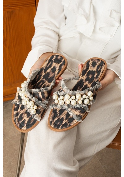 Dabab Shoes Mırella Kadın İncili Hasır Dokulu Animal Desenli Leopar Düz Şık Terlik