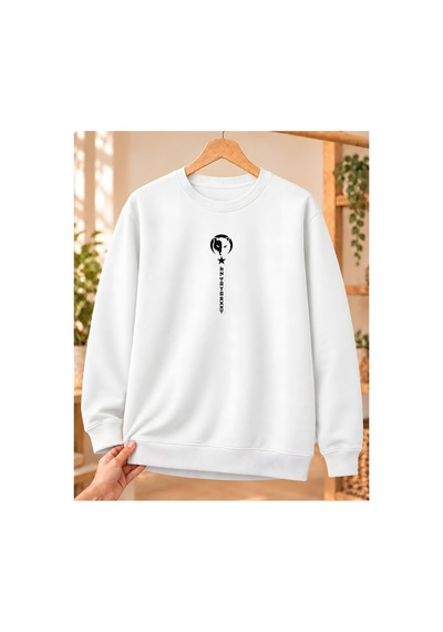Mor Mürekkep Bozkurt Ay Yıldız Ve Dikey Semboller Baskılı Bisiklet Yaka Sweatshirt - Beyaz