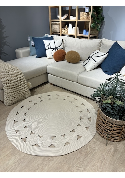Mavaux Cookie Yuvarlak Jüt Hasırlı El Örgüsü Kilim Halı Krem