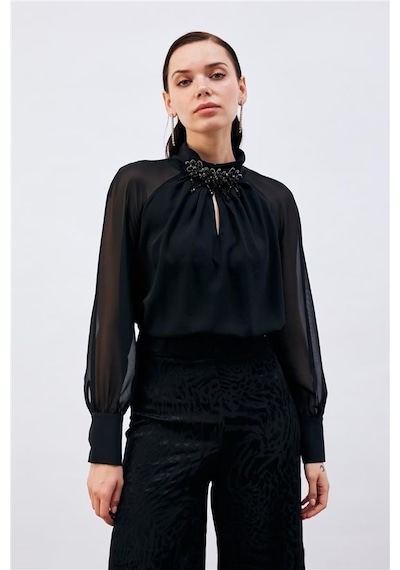 Sateen Aksesuar Detaylı Şifon Kollu Bluz 1116-1051 001