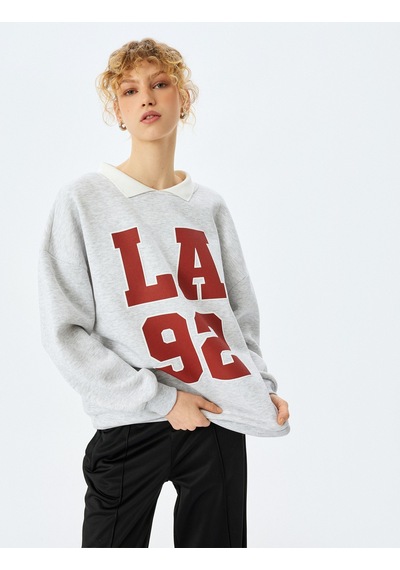 Koton Oversize Kolej Baskılı Polo Yaka Sweatshirt Kar Melanj 5sal10518ık Gri Melanj