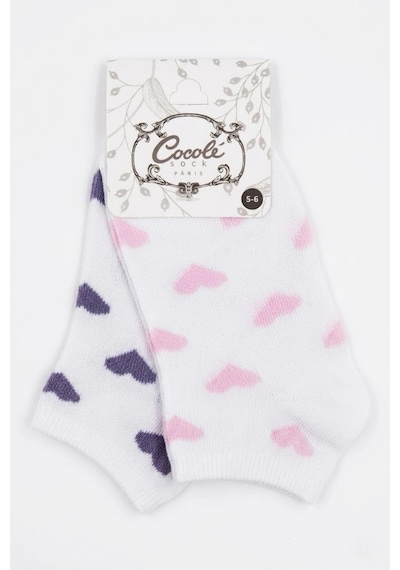 Cocole Socks Kız Bebek Patik Çorabı 2 Li Set Pamuklu Beyaz Zemin Üzeri Pudra Pembe & Mor Kalp Desenl Çok Renkli