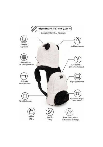 Unisex Çocuk Su Geçirmez Panda Tasarımlı Çıkarılabilir Kapüşonlu Sırt Çantası Siyah Beyaz