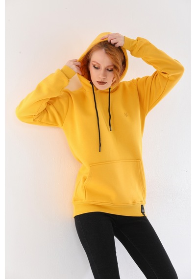 Everest Everst Kapüşonlu 3 İplik Şardonlu Kanguru Cepli Sweatshirt Sarı