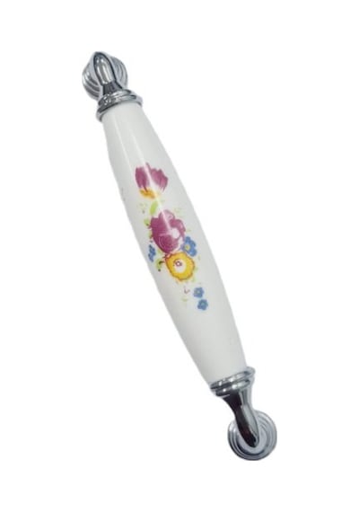 Beyaz Polimer Kulp Krom Ayak Çiçekli 128 Mm / 5 Adet Ahşap