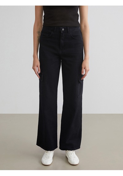 Lcw Jeans Siyah Wideleg Kadın Kargo Jean Pantolon