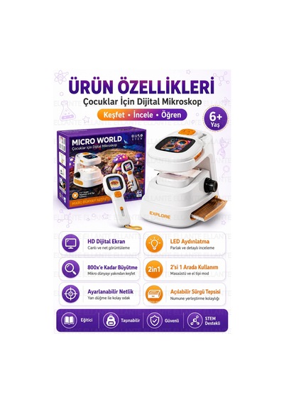 Çocuklar İçin Dijital Mikroskop 2 Si 1 Arada Masaüstü Ve El Tipi Kullanım Hd Dijital Ekran Led Işıkl