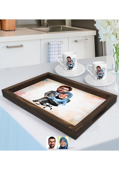 Kişiye Özel Sevgililer Karikatürlü Doğal Ahşap Tepsi Ve 2 Li Kahve Fincan Seti-59