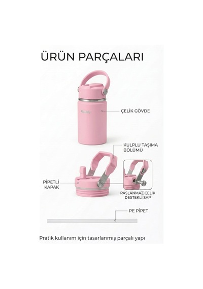 350 Ml Kulplu Pipetli Çelik Termos Bardak Bpa Free, Taşınabilir Mini Termos, Pembe Renk