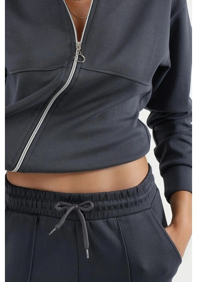 Fiolin Modal Dokulu Fermuarlı Sweatshirt & Nervürlü Pantolon Takımı Füme