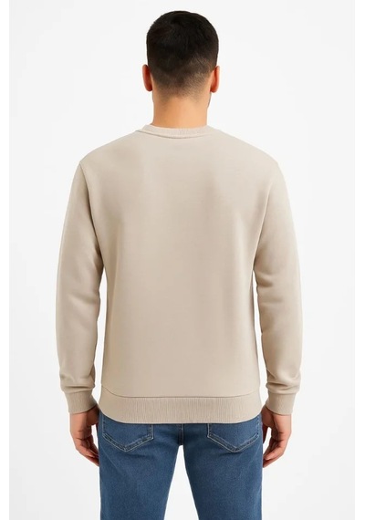 Erkek Üç İplik Düz Bisiklet Yaka Sweatshirt - Bej