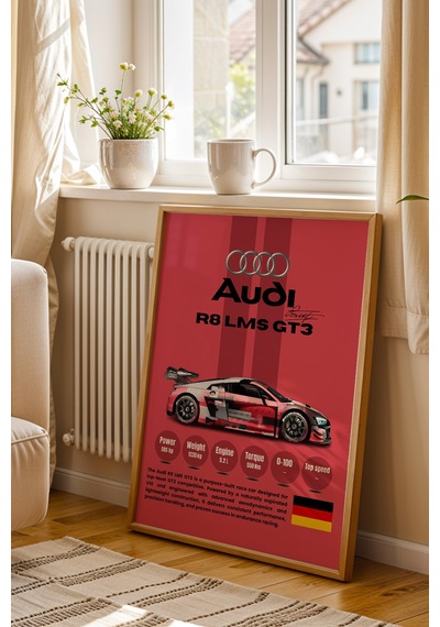 Audi R8 Lms Gt3 Premium Spor Araba Çerçeveli Tablo - Teknik Özellikli Otomobil Sever Duvar Dekoru Kayın