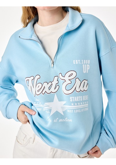 Koton Şardonlu Yarım Fermuarlı Dik Yaka Uzun Kollu Baskılı Sweatshirt Mavi 7wal10202ık