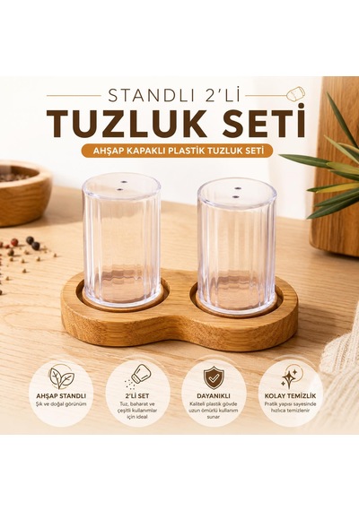 Ahşap Standlı 2'li Tuzluk Seti - Ahşap Kapaklı Şeffaf Plastik Baharatlık