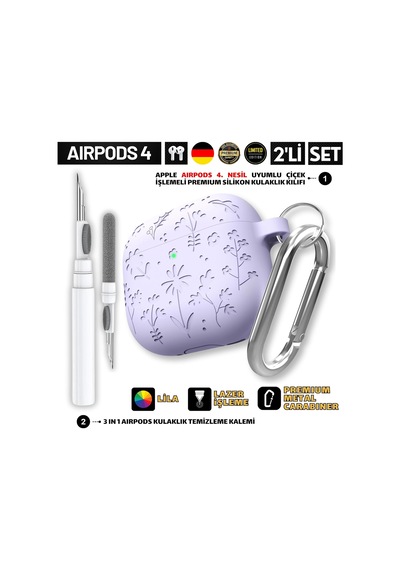 Airpods 4. Nesil Ve Airpods 5. Nesil Uyumlu Çiçek İşlemeli Premium Silikon Kulaklık Kılıfı Ve 3'ü 1 Arada Bluetooth Kulaklık Temizleme Kalemi Seti Lila
