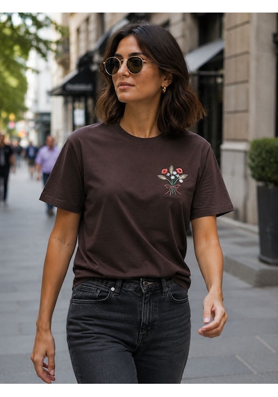 Yubistitch Tshirt Nakış İşlemeli Demet Çiçek- Penye-kahverengi