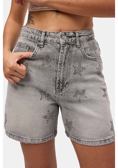 it's basic Kadın Füme T-4s6-12 Mom Relax Yıldız Detaylı Tasarım Denim Şort