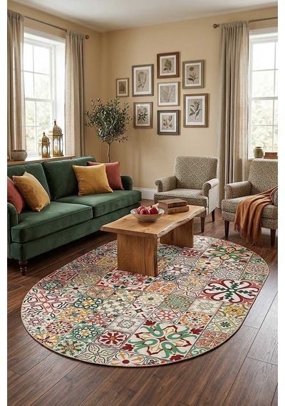 Frenda Home Çini Desenli Pamuk Taban Yıkanabilir Baskılı Oval Halı Kırmızı