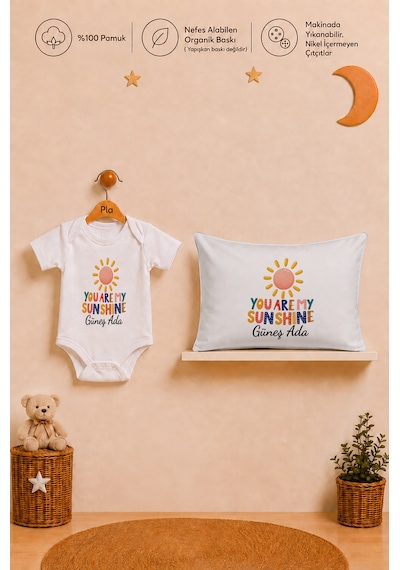 Pia Baby Kız Bebek İsme Özel Hediye Seti %100 Pamuk Body Yastık Kılıfı Ve Ham Bez Bebek Kıyafet Kesesi 2061byk6x Ekru