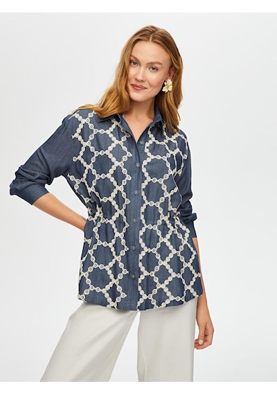 Faik Sönmez Önü Brode Nakışlı Beli Tünelli Overshırt Tunik S25tnk006 Us25tnk00627 Indigo