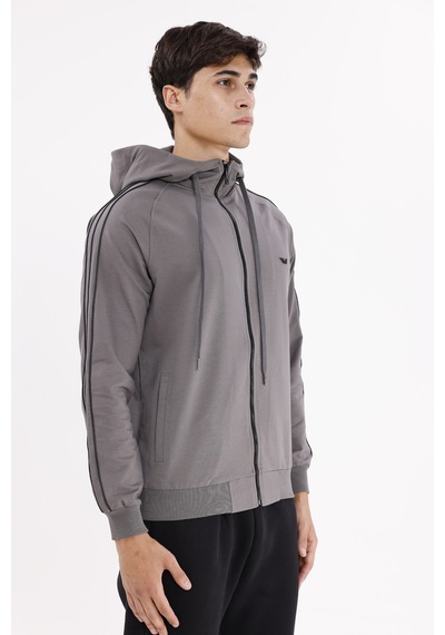 Rowinger Çift Şerit Kol Detaylı Tam Fermuarlı Cepli Rahat Kalıp Ayarlanabilir Kapüşonlu Sweatshirt Antracite