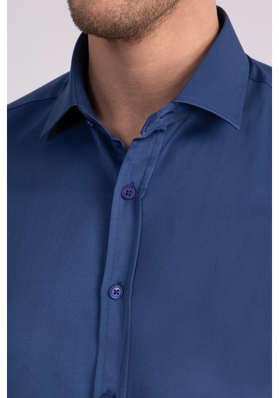 Tudors Modern Slim Fit Düz Saten Erkek Gömlek-23055 İndigo