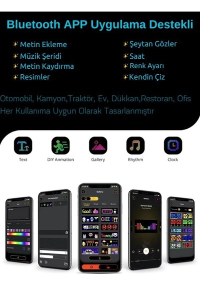 Wearfitpro 19x133cm Matrix Esnek Led Ekran Şeytan Gözler Yazı Telefon Kontrollü Araba Kamyon Dükkan Tabela
