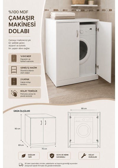 Renazzo Mdf Çamaşır Makinesi Dolabı Beyaz 90x70x69 Cm