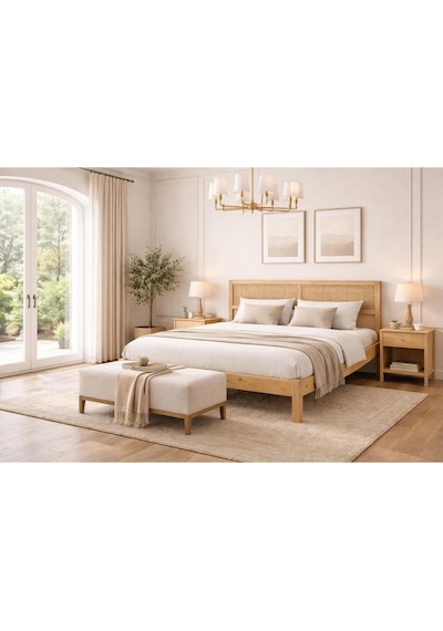 Örme Dekoratif Hasır Hazeran Başlıklı Masif Ahşap Karyola 140cm X 190cm