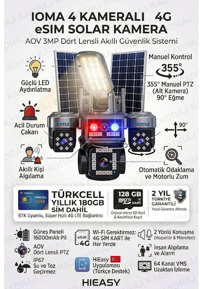4 Kameralı Sim Kartlı Kamera, 2 Solar Panelli, Ptz Aydınlatmalı, 2 Yönlü Konuşma, Çakar