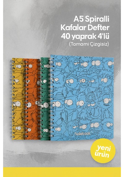 A5 Spiralli Kafalar Defter 40 Yaprak 4'lü Tamamı Çizgisiz