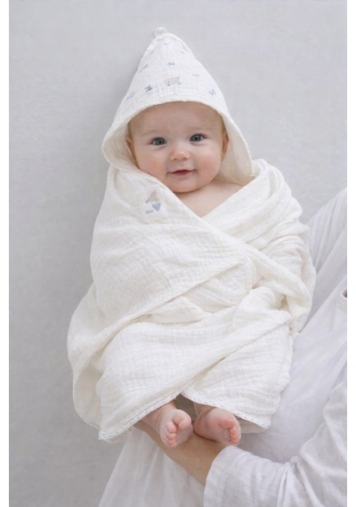 %100 Organik Pamuklu Banyo Seti Muslin Havlu, Kapüşonlu Havlu ,1 Adet Kese 2566 2548 İndigo 90 X 82