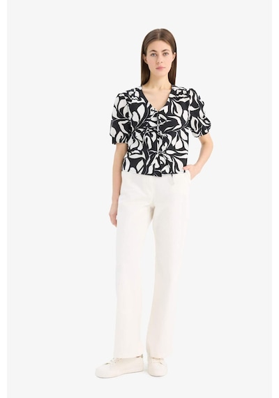 Defacto Regular Fit V Yaka Desenli Önden Bağlamalı Kısa Kollu Bluz F0090ax25smwt34 Beyaz