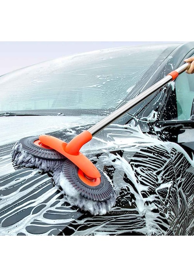 360 Dönebilen Teleskopik Mikrofiber Araba Yıkama Fırçası Çift Başlıklı Oto Temizlik Mopu Turuncu
