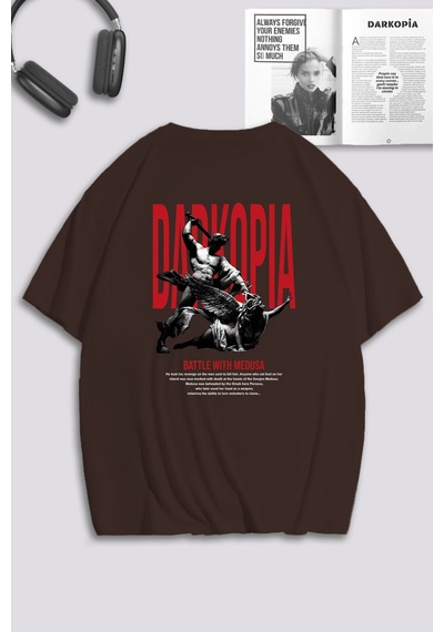 Unisex Kadın Erkek Battle With Medusa Baskılı Özel Tasarım Oversize T-shirt Kahverengi Mck0131 Kahverengi