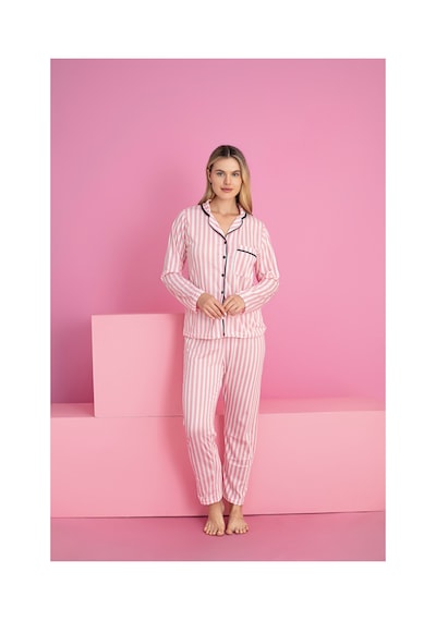 Rindahomewear Çizgili Kadın Süprem Düğmeli Arabiyeli Uzun Kol Pijama Takım Pembe