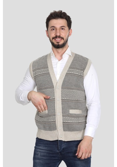 Kzc Tekstil Erkek Baba Orta Yaş Ve Üzeri Triko Örgü Akrilik Kışlık Kalın Dokulu Düğmeli Cepli Baba Yelek Bej