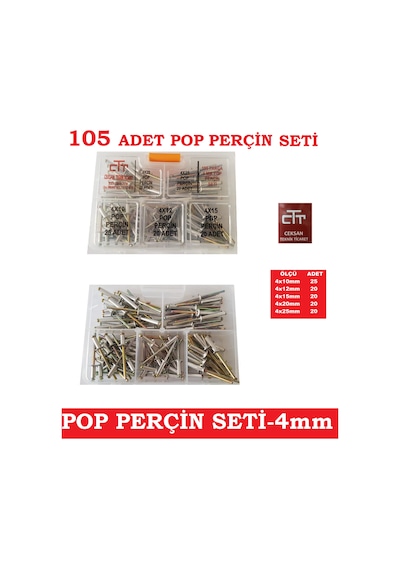 Perçin Seti-Çap 4 MM-Boy Çeşitli Pop Perçin 105 Parça